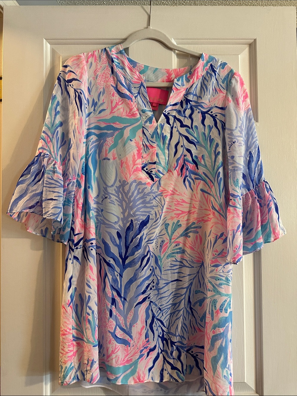 Lilly Pulitzer Seaweed Print Ruffle-Sleeve Tunic — Pink, Blue, Aqua